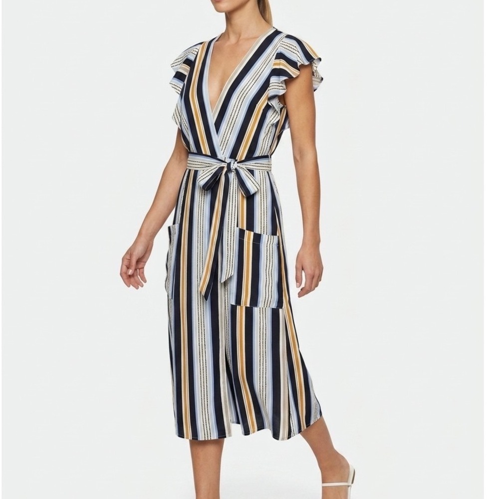 Lost + Wander NWT Striped Midi Wrap Dress XL Navy Blue Ruffle Sleeve